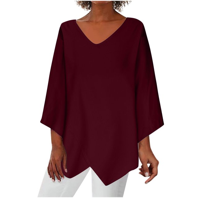 Yuyuzo Womens Fall Tops V Neck Long Sleeve Irregular Hem Solid Color Basic Pullover Top Tees Blouse Tshirts
