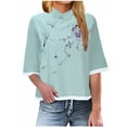 thumbnail image 2 of DDAPJ pyju Plus Size Linen Tops for Women Summer 3/4 Sleeve Chinese Frog Button Blouses Traditional Mandarin Collar Floral Embroidered Shirts Birthday Gifts Green S, 2 of 6