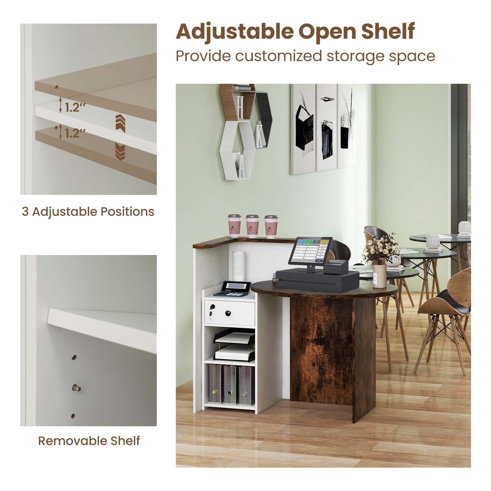 Giantex Reception Desk, Computer Workstation w/Lockable Drawer & Open Shelves, Checkout Counter, Rustic Brown & White