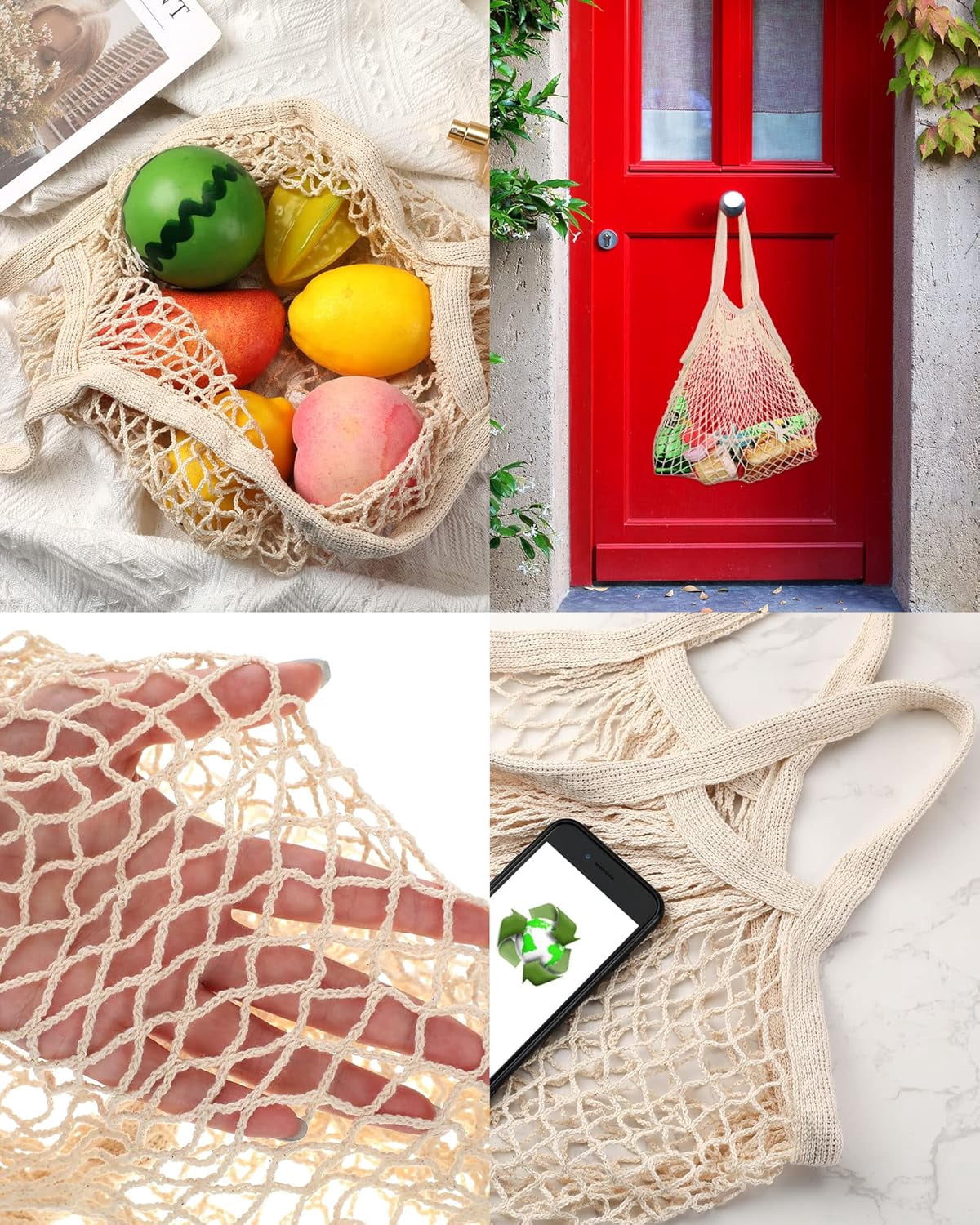 YEKEYI 12 Pcs Reusable Mesh Grocery Bag Portable Cotton Produce Container Washable Net Mesh Reusable Tote Bag with Handle