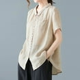 thumbnail image 5 of Lovskoo Collared Shirts for Women Cotton Linen Casual Loose Solid Color Doll Collar Short Sleeved Shirt Beige L, 5 of 7