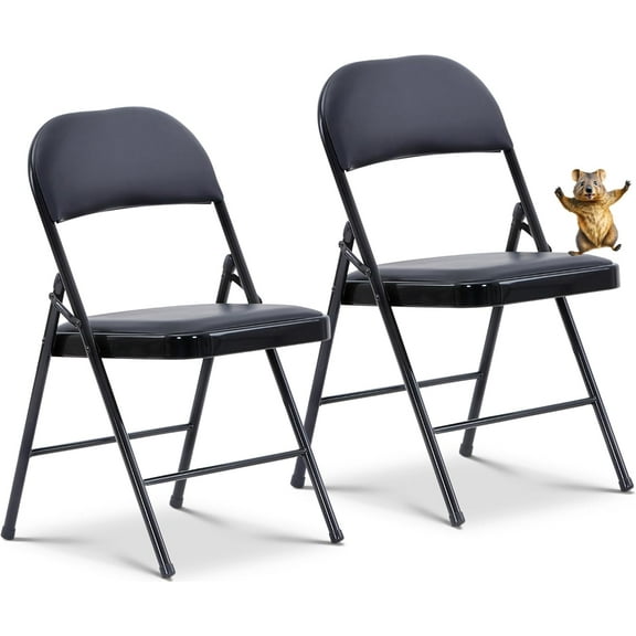 Vinyl Folding Chairs, Padded Vinyl Cushion Chairs with Durable Metal Frame, Indoor Outdoor Stackable Foldable Guest Chairs for Office Wedding Kitchen Dining, 300lb Capacity (Black, 2 Pack)