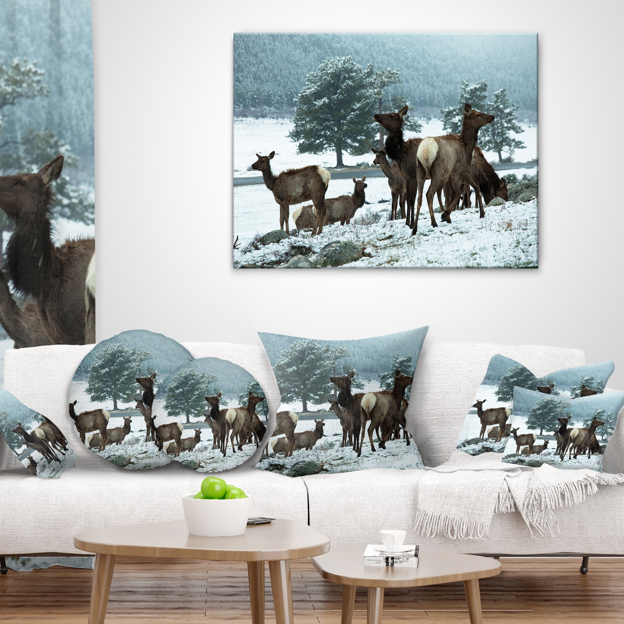 Designart Gang of Deer in Rocky Mountains - Landscape Printed Throw Pillow - 18x18
