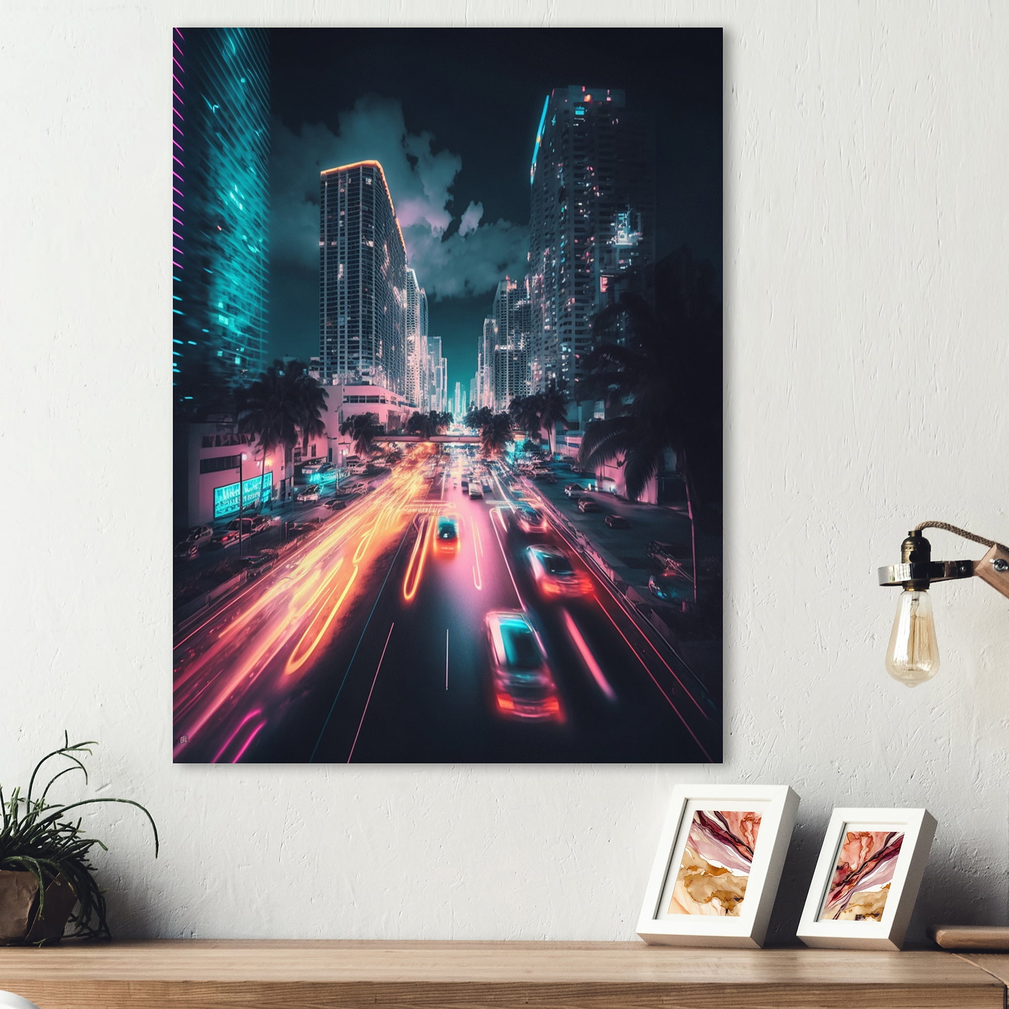 Designart Futuristic Miami Neon Art VI Canvas Wall Art
