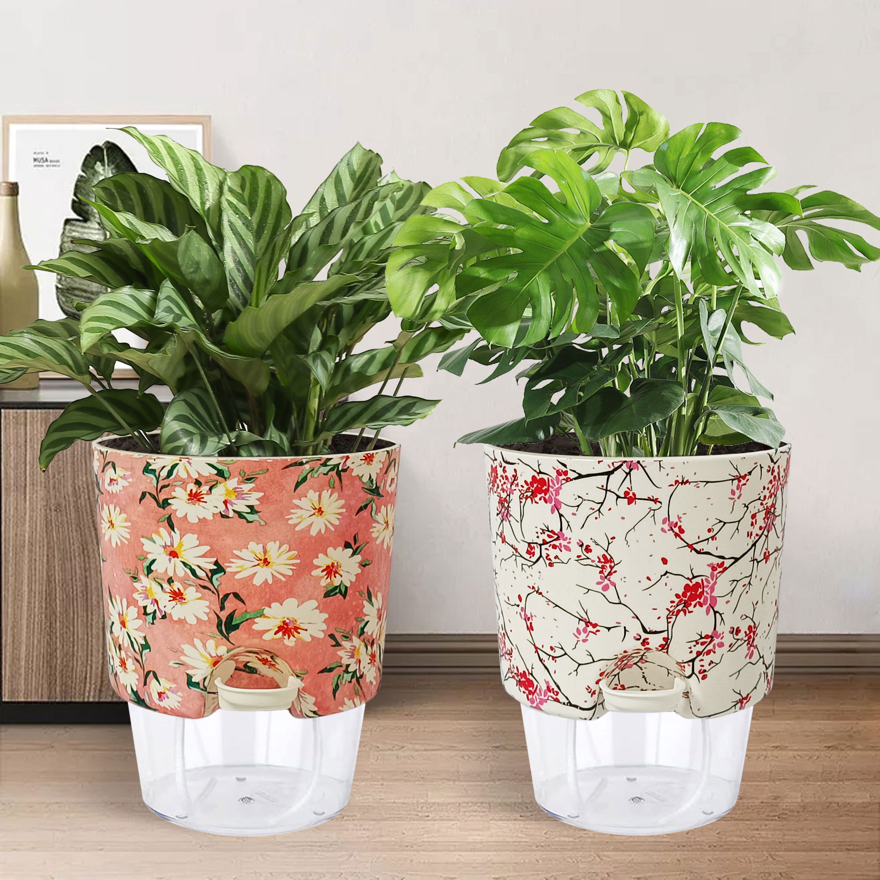 FCMSHAMD Plant Pots 5 inch Set of 2, Self Watering Flower Pots Indoor Outdoor, Self Watering Planters with Drainage Hole & Clear Saucer Reservoir