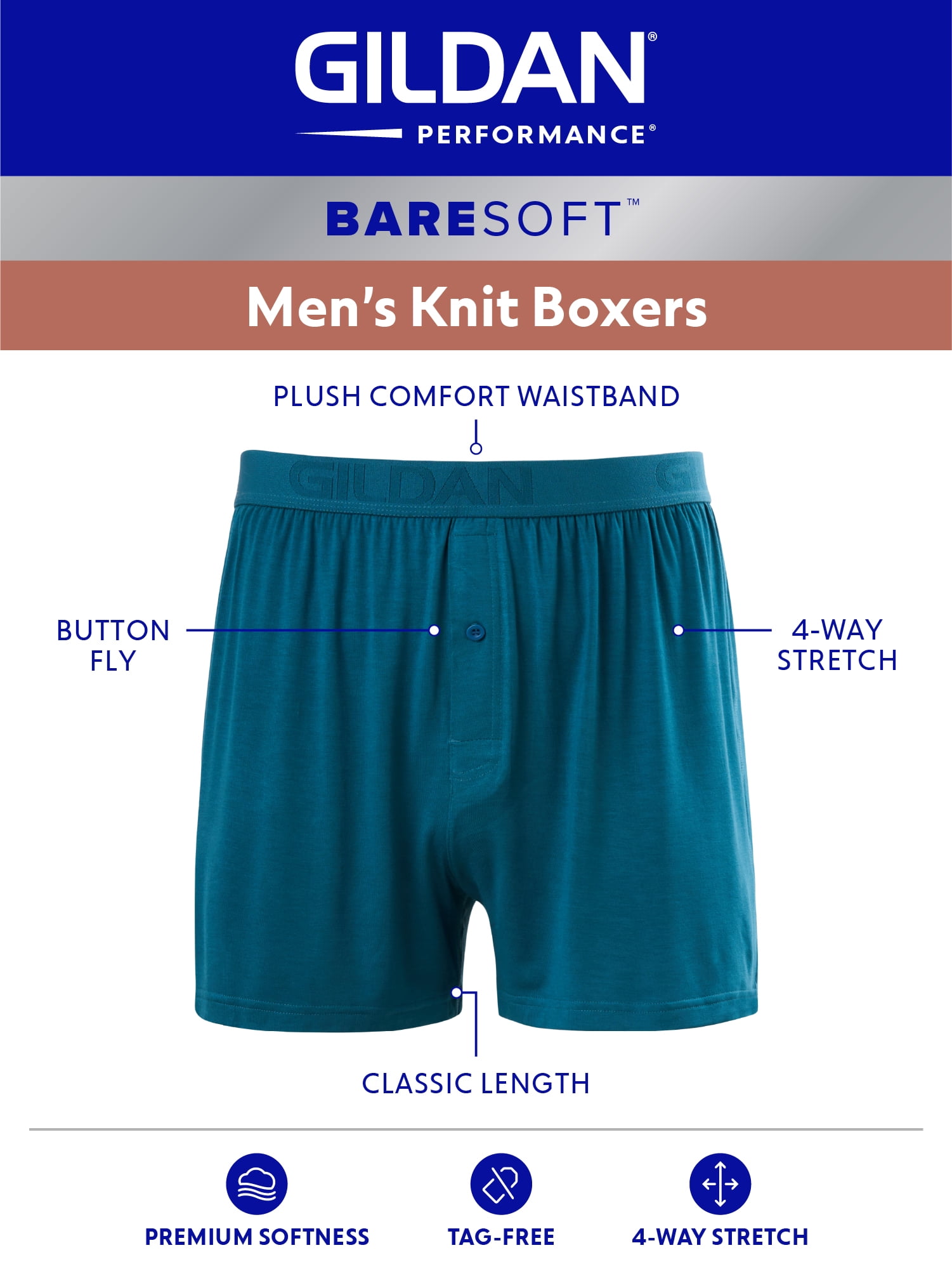 Gildan Performance Men's BareSoft Boxer Brief Underpants, 3-Pack, Sizes S-2XL, 6" Inseam