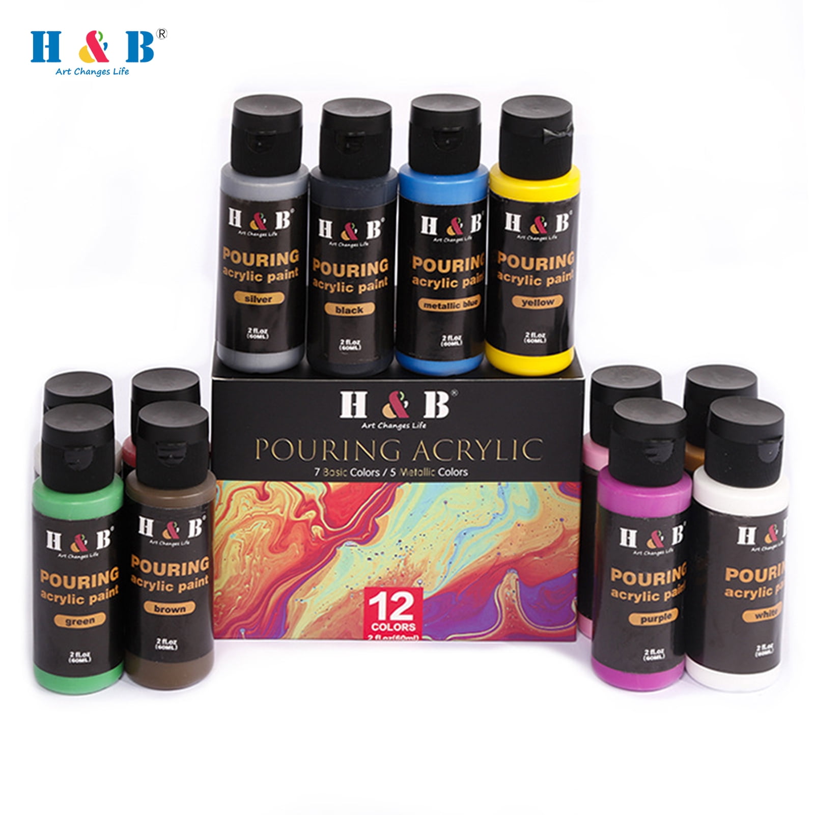 12 Colors Pouring Acrylic Paint Set Non Toxic Art Paints Supplies for Children Students Beginners Adults Artist Painter Painting on Canvas Paper Wood Stone Ceramic Art Crafts