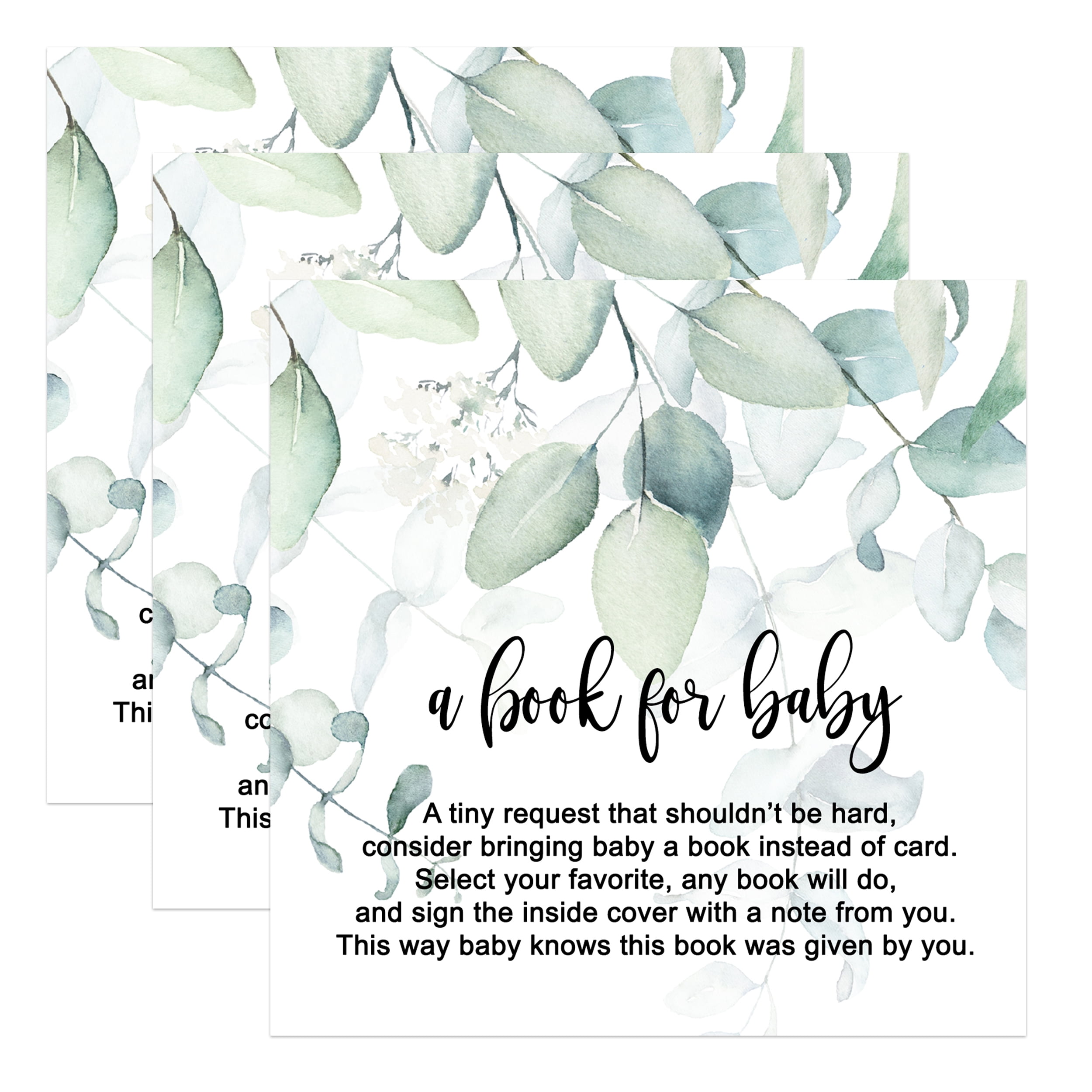 Greenery Baby Shower Bring a Book for Girls Baby Shower Invitation Insert Cards Pack of 25 Elegant Eucalyptus Event Theme Supply 4x4 Size Printed Paper Clever Party