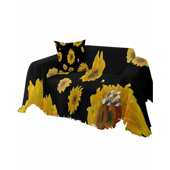 Sunflower Black Sofa Couch Covers for Dog,Washable Sectional Couch Slipcovers for Loveseat with Tassels,Abstract Painting Bee Summer Spring Non Slip Sofa Throw Cover Blanket Large 71''x102''