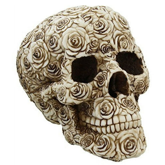 Romance Amore Rose Tattooed Skull Figurine Statue Blooming Beauty Silent Death