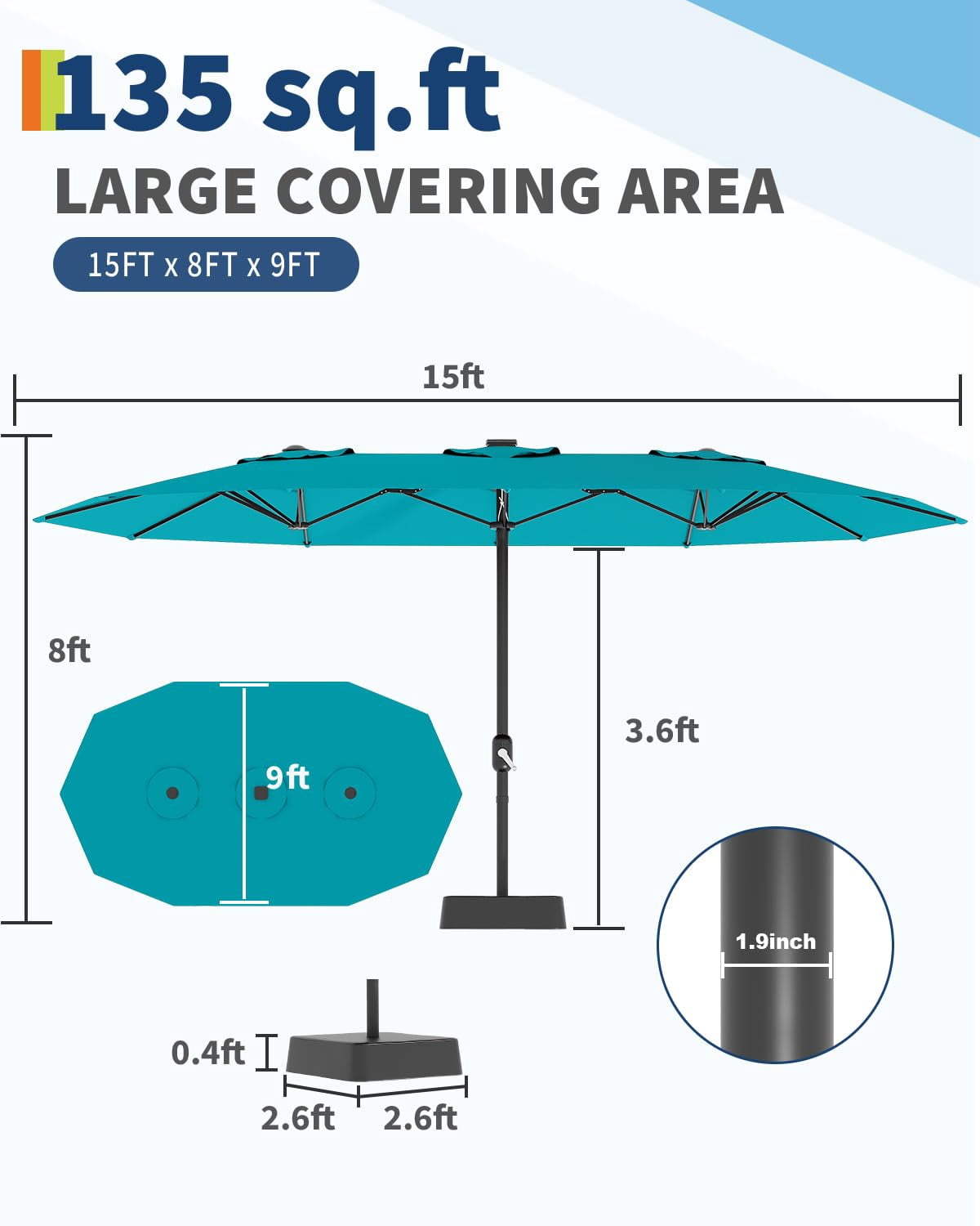 15ft Large Patio Umbrellas with Base,Outdoor Double-Sided Rectangle Market Umbrella,Crank Handle for Easy Opening,Perfect for Pool Lawn Garden,Durable & Stylish Design,UV Protection for Sun Safety