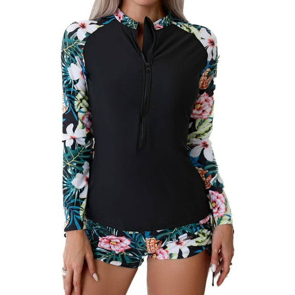 SWSMCLT Women's Half Zip Up Rash Guard Shirt Floral Diving Bathing Suit Boyleg Printed 2 Piece Long Sleeve Swimsuit Zipper Front Swimming Swim Shorts Black 14