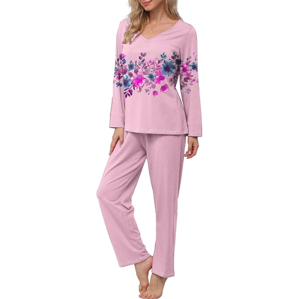 Puntoco Mujer Otoño Moda Casual Impreso Con Cuello En V Manga Larga + Pantalones Traje Rosa M