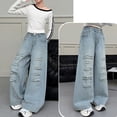 thumbnail image 5 of UAYOTSE Girls' Ripped Jeans: Stylish Casual Versatile and Fashionable Straight Leg Wide Leg Pants with Elastic Waist for Medium and Large Girls.,Sizes 9-10 Years, 5 of 9