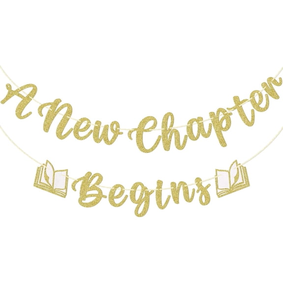 A New Chapter Begins Banner - Book Themed Baby Shower Decorations, Reading Themed Party Decorations, Gold and White Glitter