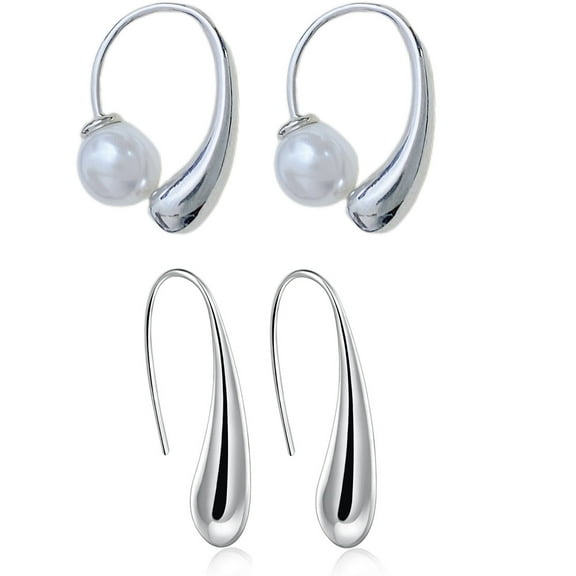 Minimalist Teardrop Pearl Earrings Set for Women - Front and Back Design 2-Pairs