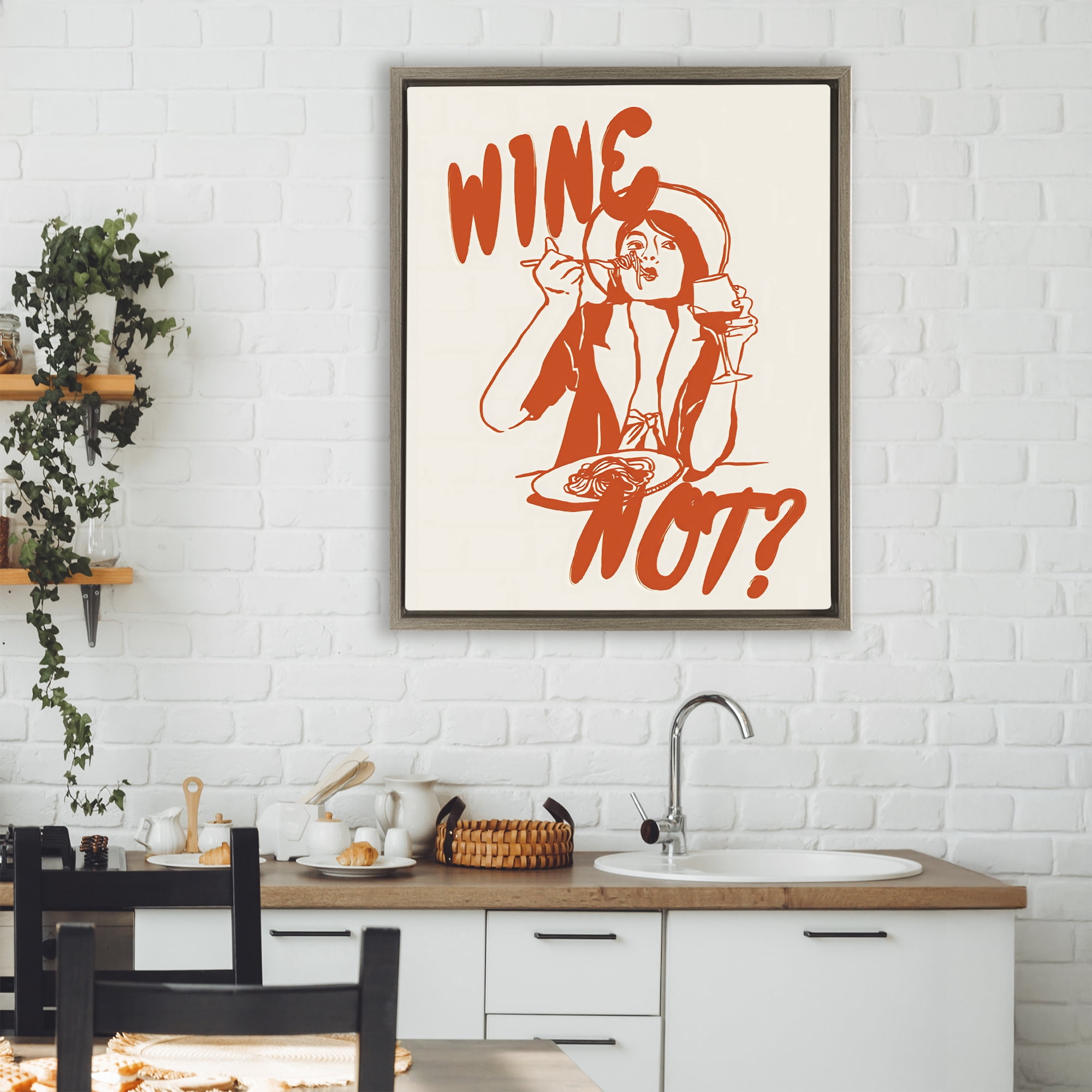 Stupell Industries Wine Not Retro Meal Time Brown Framed Floater Canvas Wall Art, design by The Prints Vibe