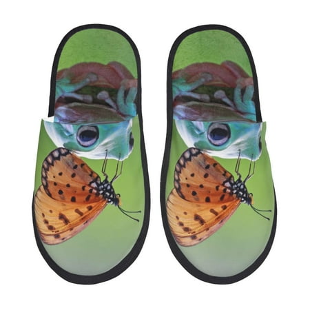 Balery Butterfly Landing On Head Dumpy Frog Slient Indoor Furry Fleece Comfort House Shoes Soft Non-Slip Home Shoes Cotton slippers House Slippers-- Medium