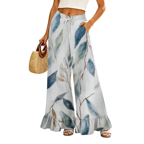 Sewkxo Boho Wide Leg Pants for Women High Waisted Floral Floral Palazzo Pants Flowy Loose Beach Trousers with Pockets,Blue M