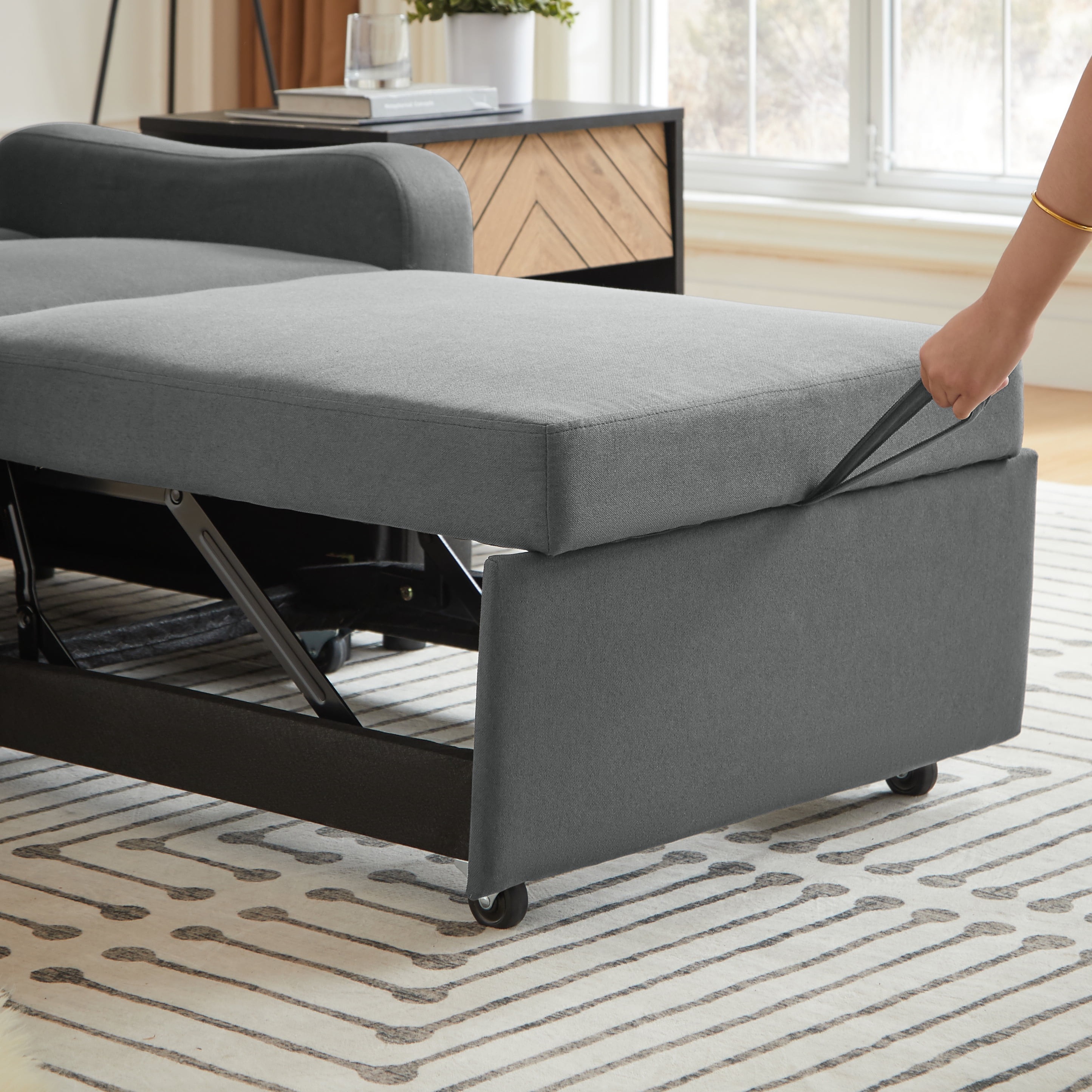 Leumius Convertible Sleeper Sofa Chair Bed,3 in 1 Linen Single Sofa with USB Port and Phone Holder,Pull Out Couch Recliner with Adjustable Backrest for Living Room, Office, Small Place,Dark Gray