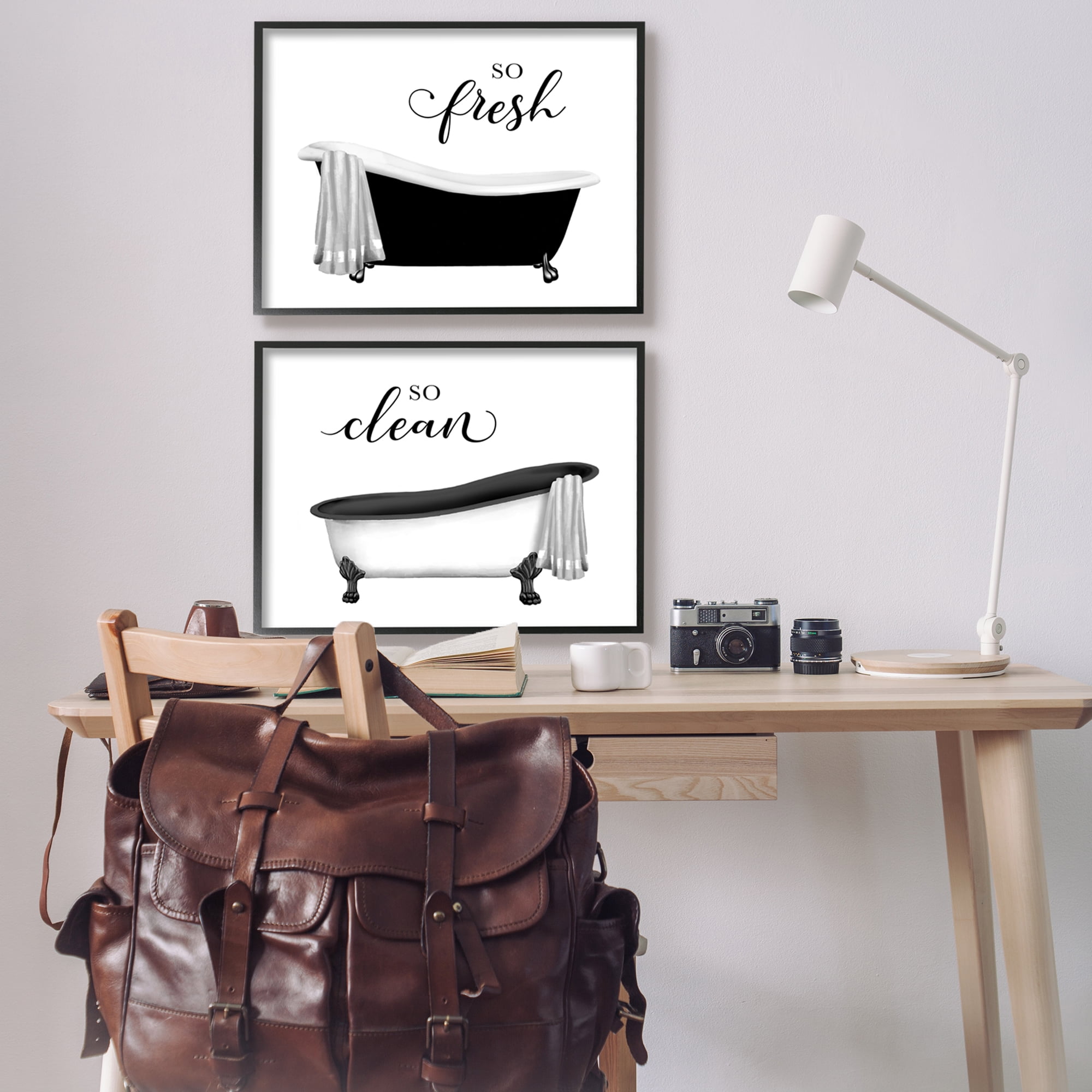 Stupell Industries So Fresh & Clean Bathtubs Typography Painting Black Framed Art Print Wall Art, Set of 2