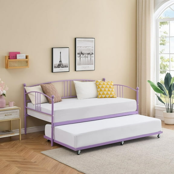 Twin Size Daybed with Trundle on Rollers, Metal Frame with Pull-Out Bed and Steel Slat Support, No Box Spring Needed, Multi-Functional Sofa Bed for Living Room, Bedroom, Guest Room in Purple