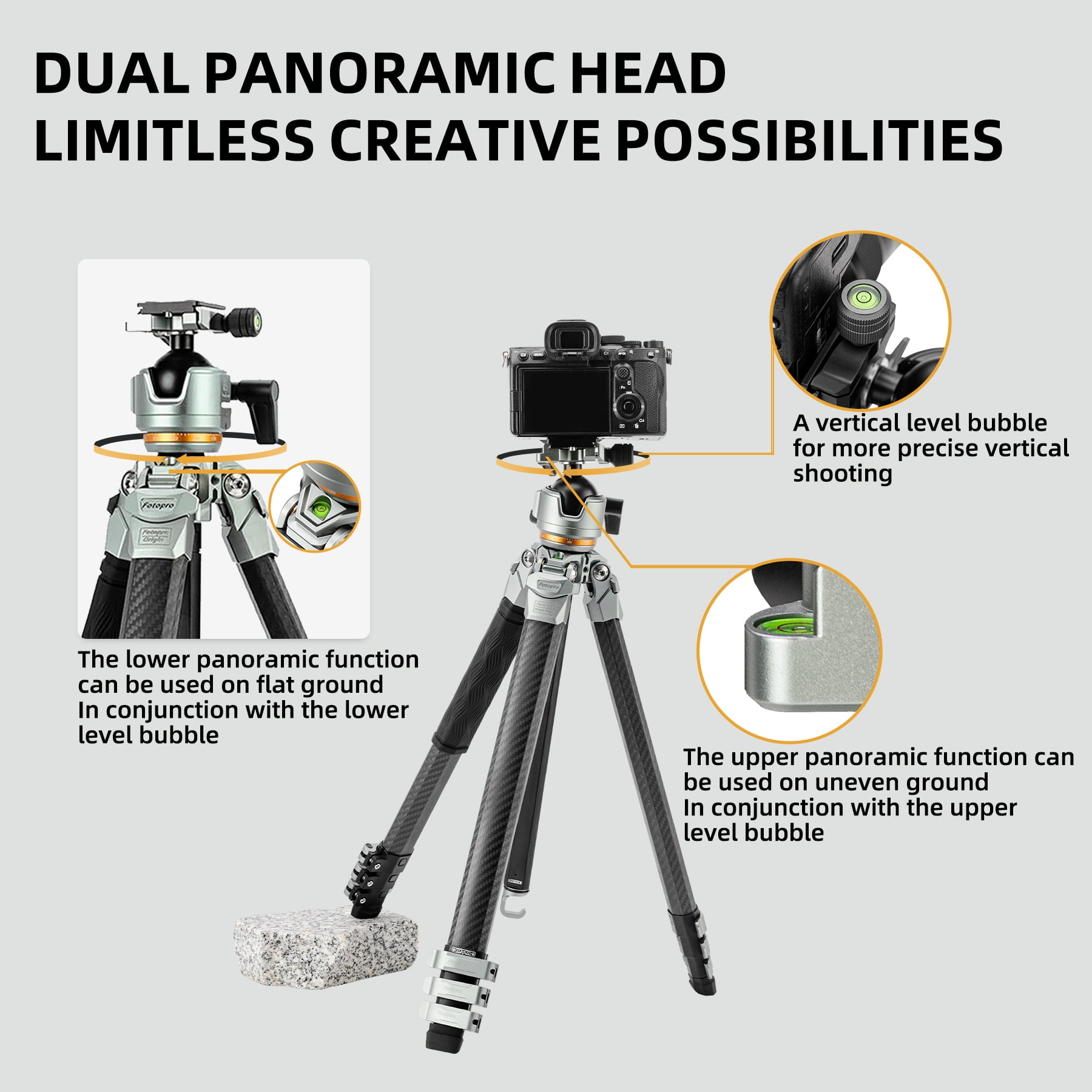 Fotopro Origin Plus Tripod, 60" Carbon Fiber Travel Tripod for Camera, Ball Head, Flip Lock, Carrying Bag, Max Load 20kg/44 lbs, Silver