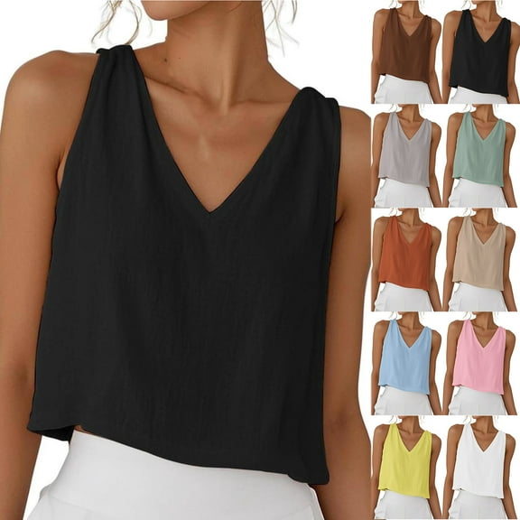 Otntypg Womens V Neck Cropped Cotton Linen Tank Tops Spring Summer Sleeveless Cami Shirts Loose Lightweight Casual Basic Workout Tees Blouses Black L