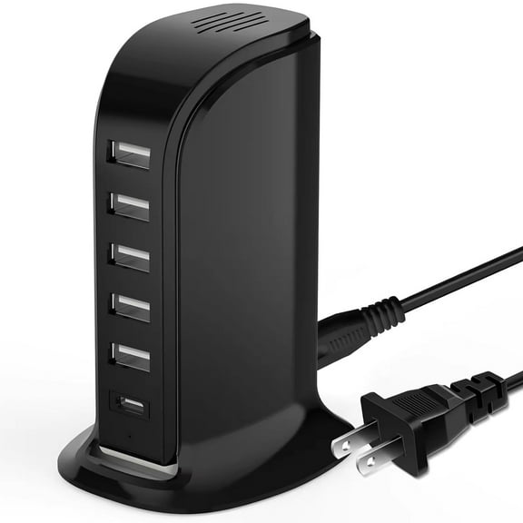 USB Charging Station, 40W 6ports with Auto Detect Safety Technology, 5 USB Ports 1 Type C PD Charge Multiport Charger Tower, Compatible with Smartphones, Tablets and Other USB Devices