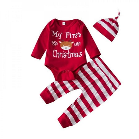 

Baby Clothes for boys Christmas Baby Girls Boys Long Sleeve Cartoon Pattern Letters Print Romper Tops Striped Trousers Hat Outfits Clothes Set