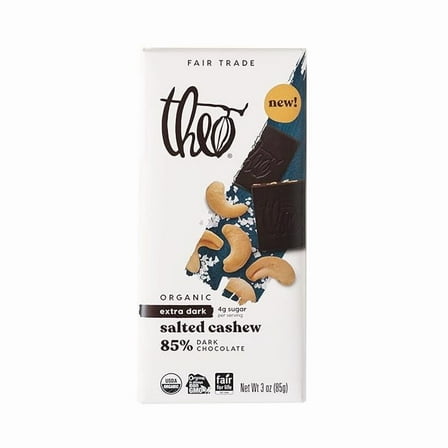 Theo Salted Cashew Organic Dark Chocolate Bar, 85% Cacao, 1 Bar | Vegan, Fair Trade ( Pack of 2 )
