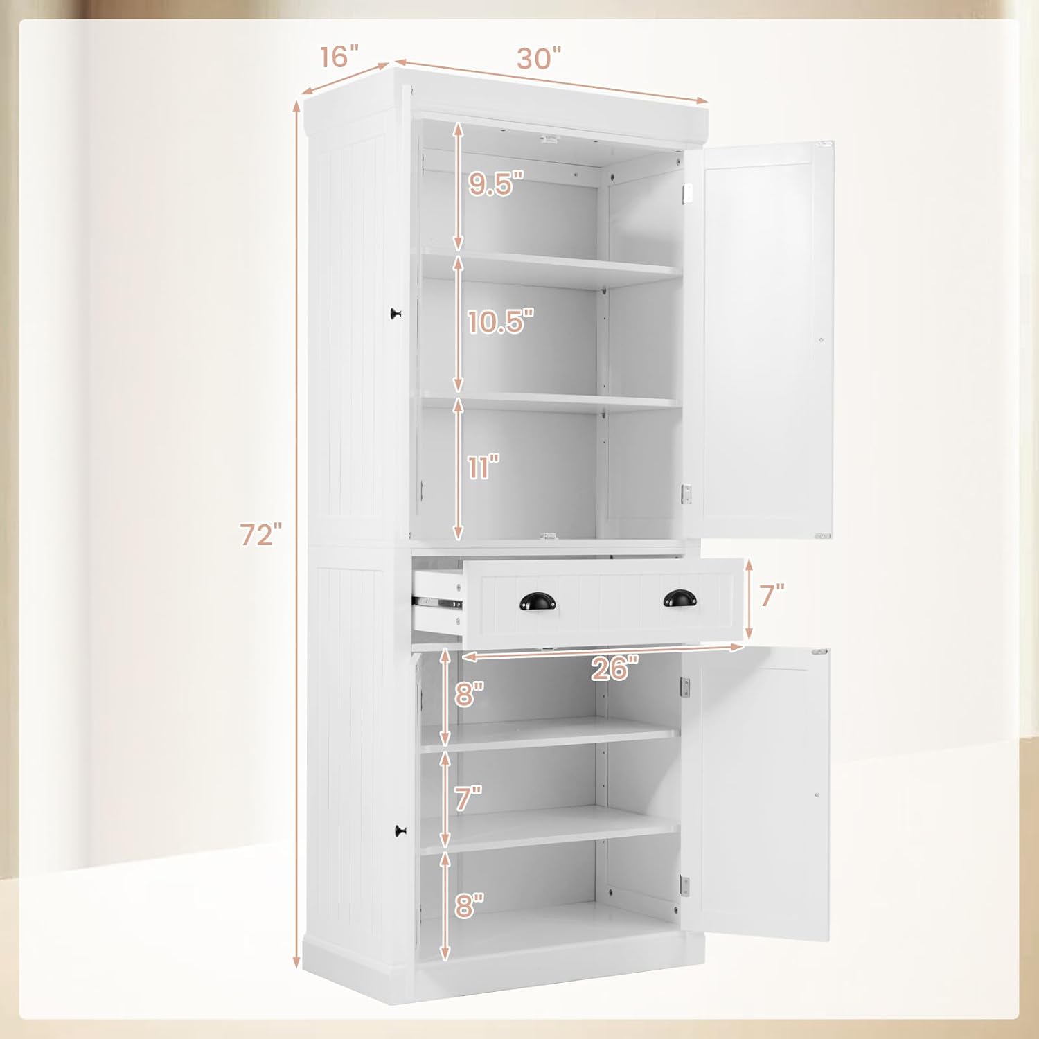 Traditional Kitchen Pantry Cabinet, Kitchen Cupboard with Double-Doors, Large Drawer and Adjustable Shelves for Dining Room, Bathroom