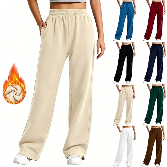 Tqcoqu Women's Wide Leg Sweatpants Drawstring Baggy Sweatpants Penny Fleece Lined Lounge Pants with Pockets,Beige Women's S-XXL
