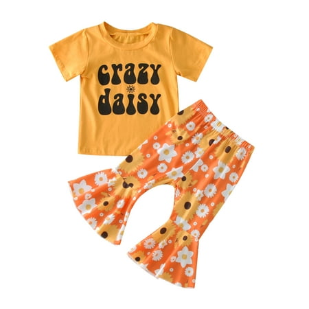 

Baby Girls Outfit Sets Clothes Summer Short Sleeve Letter T Shirt Tops Daisy Floral Flared Pants Bell Bottoms Casual Outfits Set