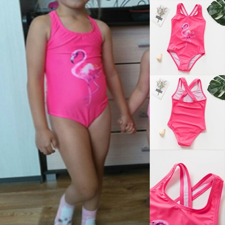 YONGHS Kids Girls One Piece Swimsuit Ruffled One-Shoulder Flamingo Pattern Printed Swimwear Bathing Suit