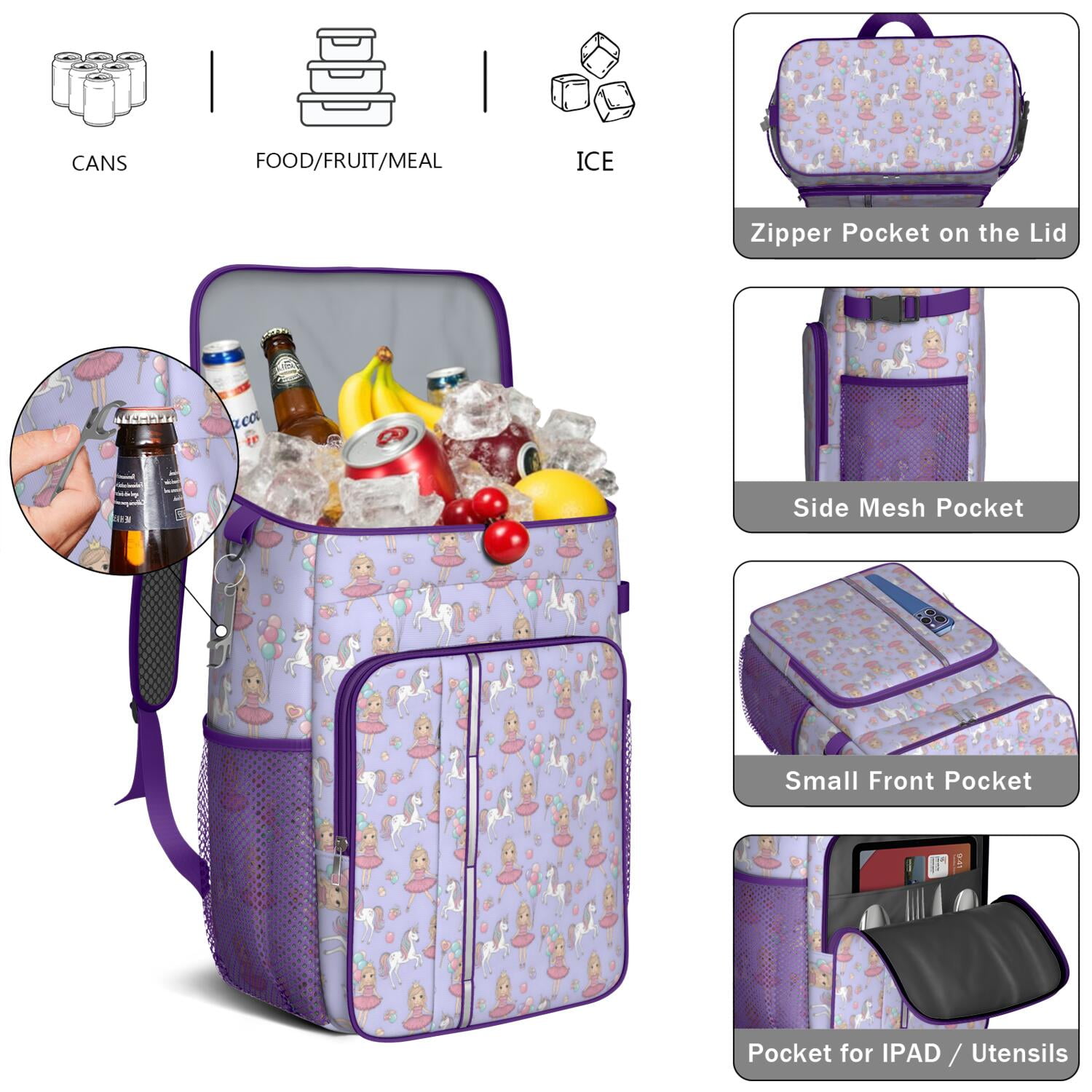 Travel Cooler Bag - Princess and Unicorn Pattern Camping Beer Cooler Backpack with Bottle Opener- Waterproof Insulated Picnic Backpacks - Cooler Bag for Beach