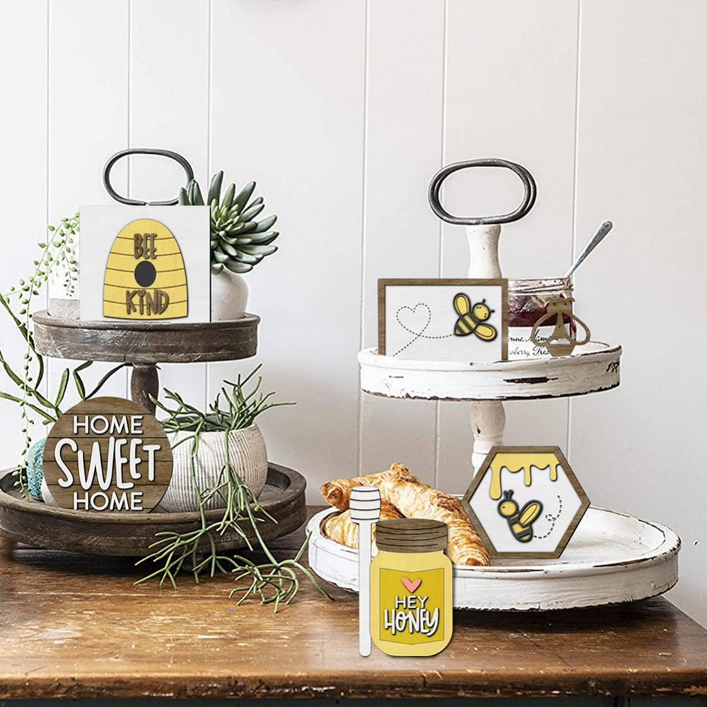 Home Decor Bumble Bee Striped Honey Bee Home Kitchen Decor Bee Shelf Sitter  Tiered Tray Display Spring Coffee Table Decor Rustic Kitchen Decor