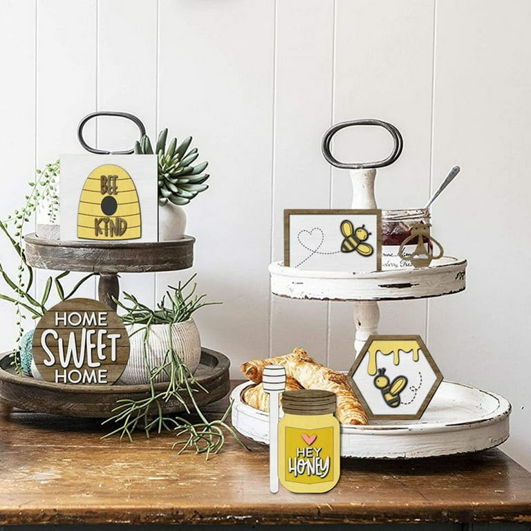 Bee Wooden Sign Tiered Tray Decor Set of 12, Bumble Bee Wood Block Spring  Summer Farmhouse Bee Home Kitchen Decor Self-Standing Display for Tray,  Mantel, Bar, Shelf 