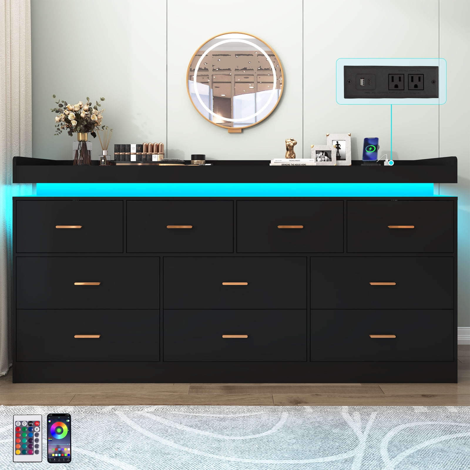 ChVans 10 Drawer Dresser with LED Lights and Charging Station, 70" Wide wood Chest of Drawers and Metal Handles, 39.8" Tall drawers dresser for bedroom, Living Room, Entryway, Hallway