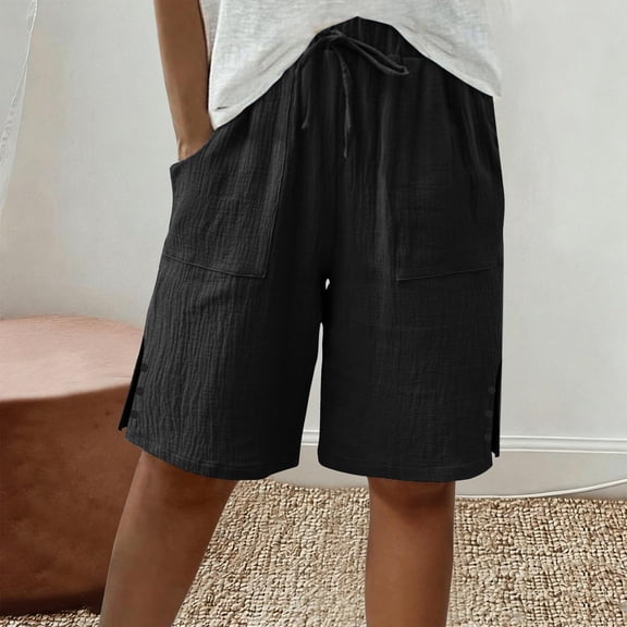 Women's Cotton Linen Shorts, High Waisted Wide Leg Knee Length Casual Shorts with Pockets and Side Split, Elastic Drawstring Beach Shorts for Summer Vacation and Daily Wear Black L