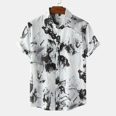 

KDJ Mens Casual Vintage Print Short Sleeve Loose Streetwear Beach Shirts Top Blouse