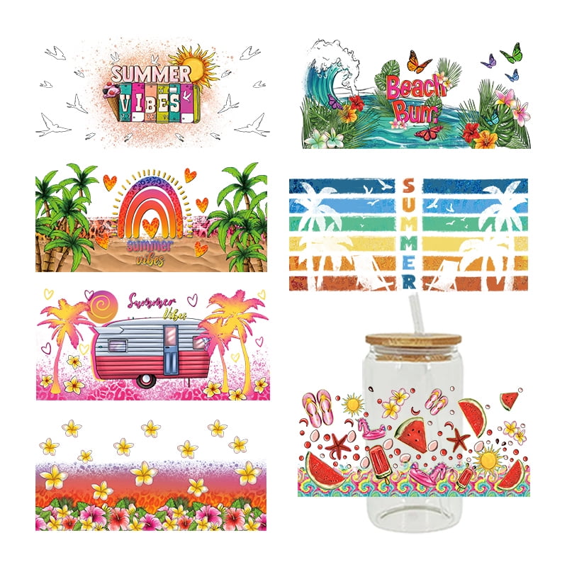UV DTF Transfer Sticker Summer Beach Tree For The 16oz Libbey Glasses Wraps Bottles Cup Can DIY Waterproof Custom Decals D6993