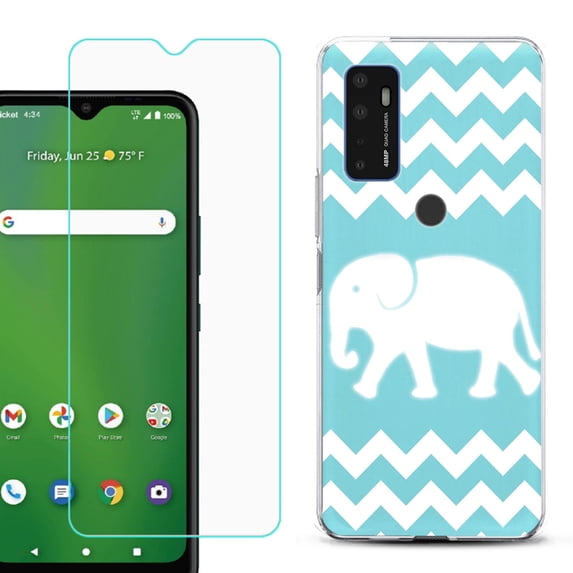 Shockproof Bumper Phone Case for AT&T Radiant Max 5G / Fusion 5G, with Tempered Glass Screen Protector, by OneToughShield ® - Chevron/Elephant