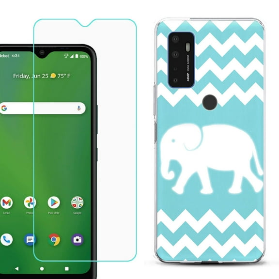 Shockproof Bumper Phone Case for AT&T Radiant Max 5G / Fusion 5G, with Tempered Glass Screen Protector, by OneToughShield ® - Chevron/Elephant