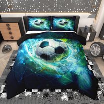 Manfei 3D Cartoon Football Bedding Comforter Set for Teens, Neon Cyan Soccer Twin Comforter Sets, Modern Sport Lover Reversible Bedding Set, Breathable Home Decor, 2 Pieces