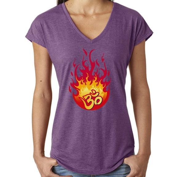 Ladies "Flaming OM" V-neck Yoga Tee Shirt - Heather Aubergine, Small