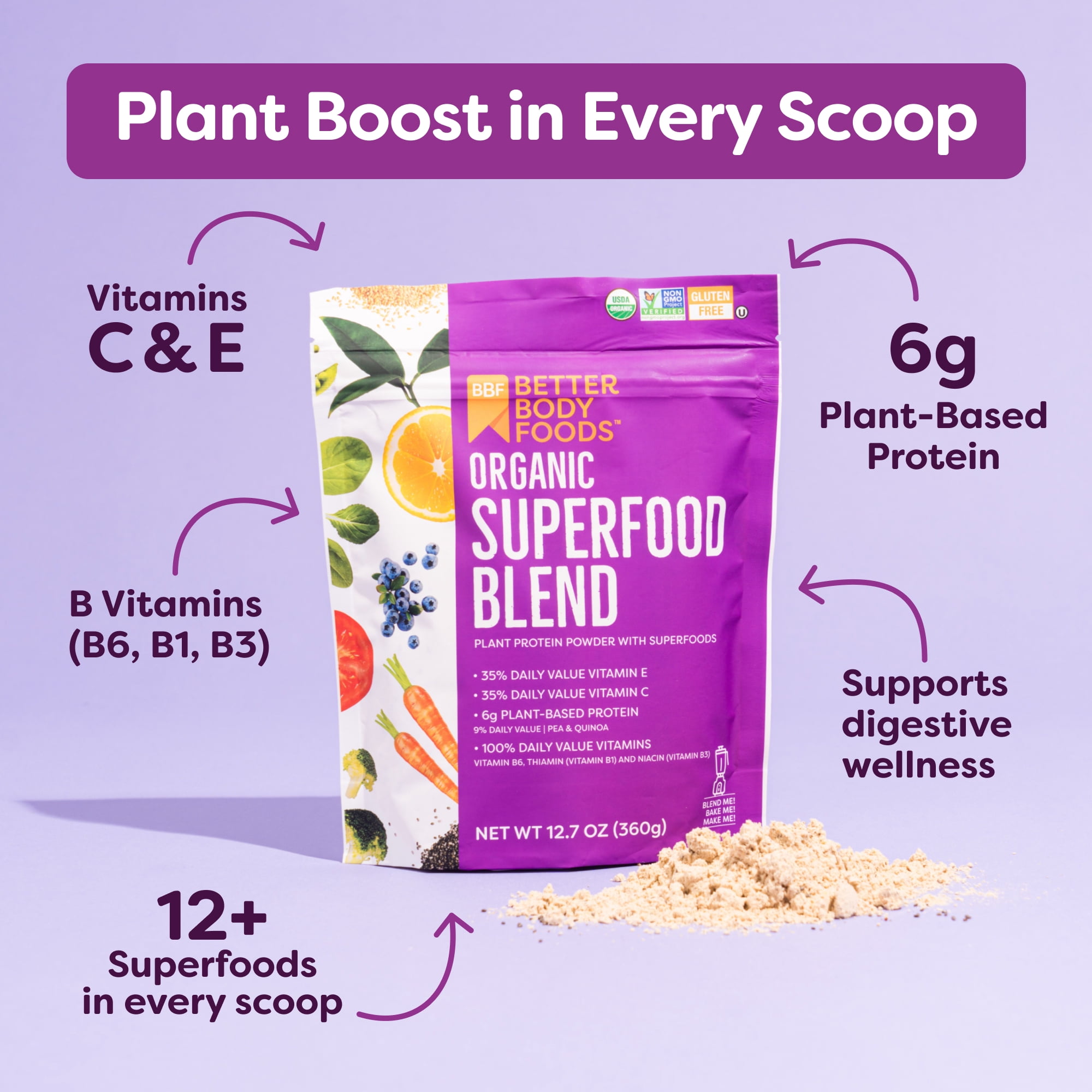 (6 pack) Betterbody Foods Organic Superfood Powder, 12.7 Oz