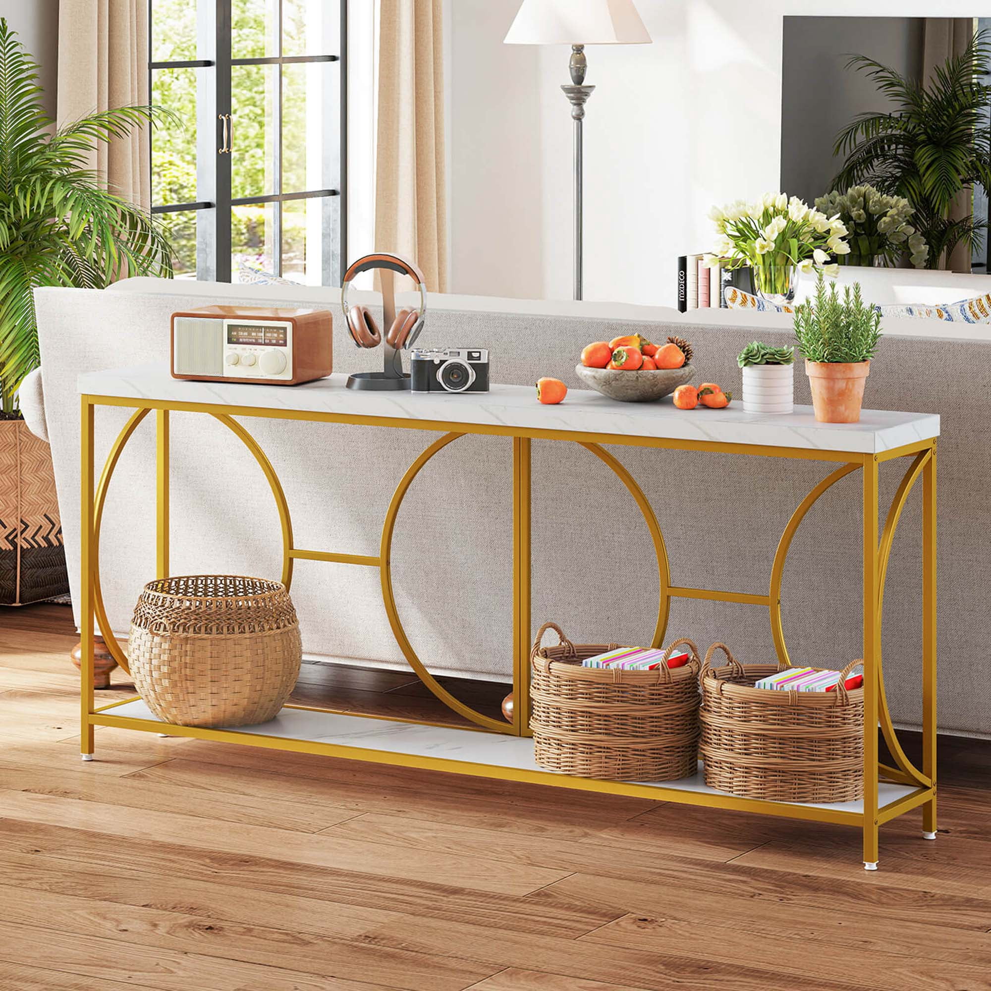 Costway 2-Tier Faux Marble Top Console Table 71" Narrow Console Table for Entryway