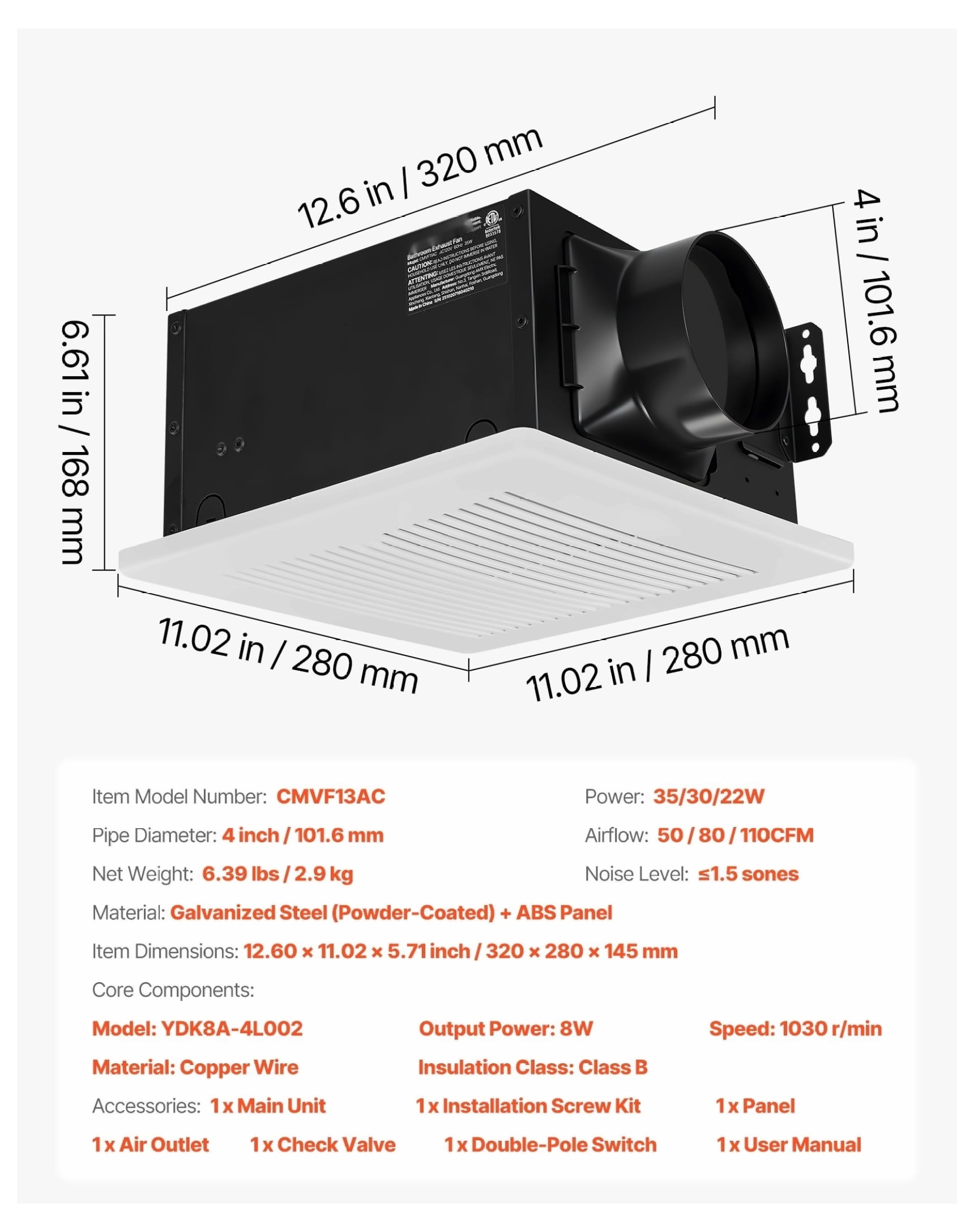 Bathroom Exhaust Fan 50-80-110 CFM, Quiet Vent Fan, Low Noise Motor, 4-Inch Duct, for Bathroom, Laundry, Home Ventilation - White