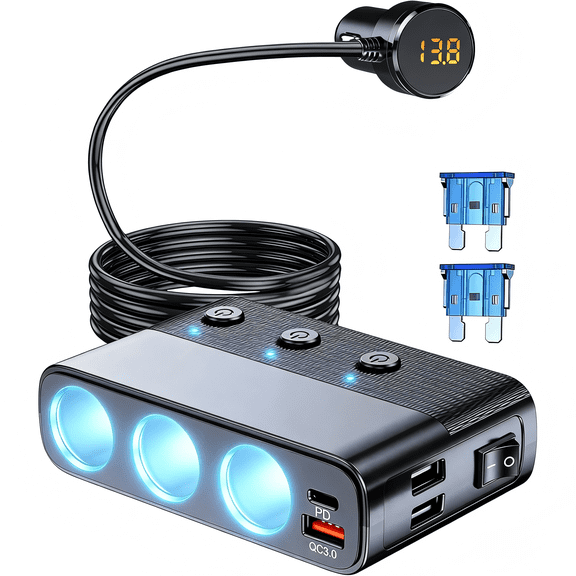 7 in 1 Cigarette Lighter Splitter, 3 Socket Car Charger Adapter, Type-C QC3.0 PD 30W Charging, Dual USB Charging Ports, Independent Switches, LED Voltmeter, Plug Outlet 12V/24V(3.3ft Cable)